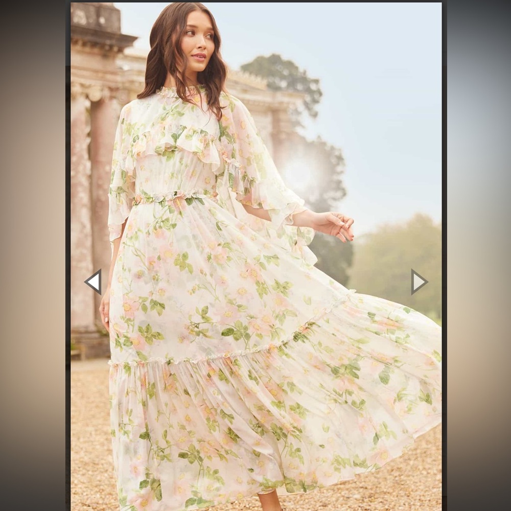 Needle & Thread White Floral Ruffle Maxi Dress with Green Accents